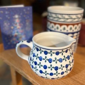 Boleslawiec Polish Pottery - Jug Pitcher - 4 1/4" Tall - Blue Dots Green Clovers